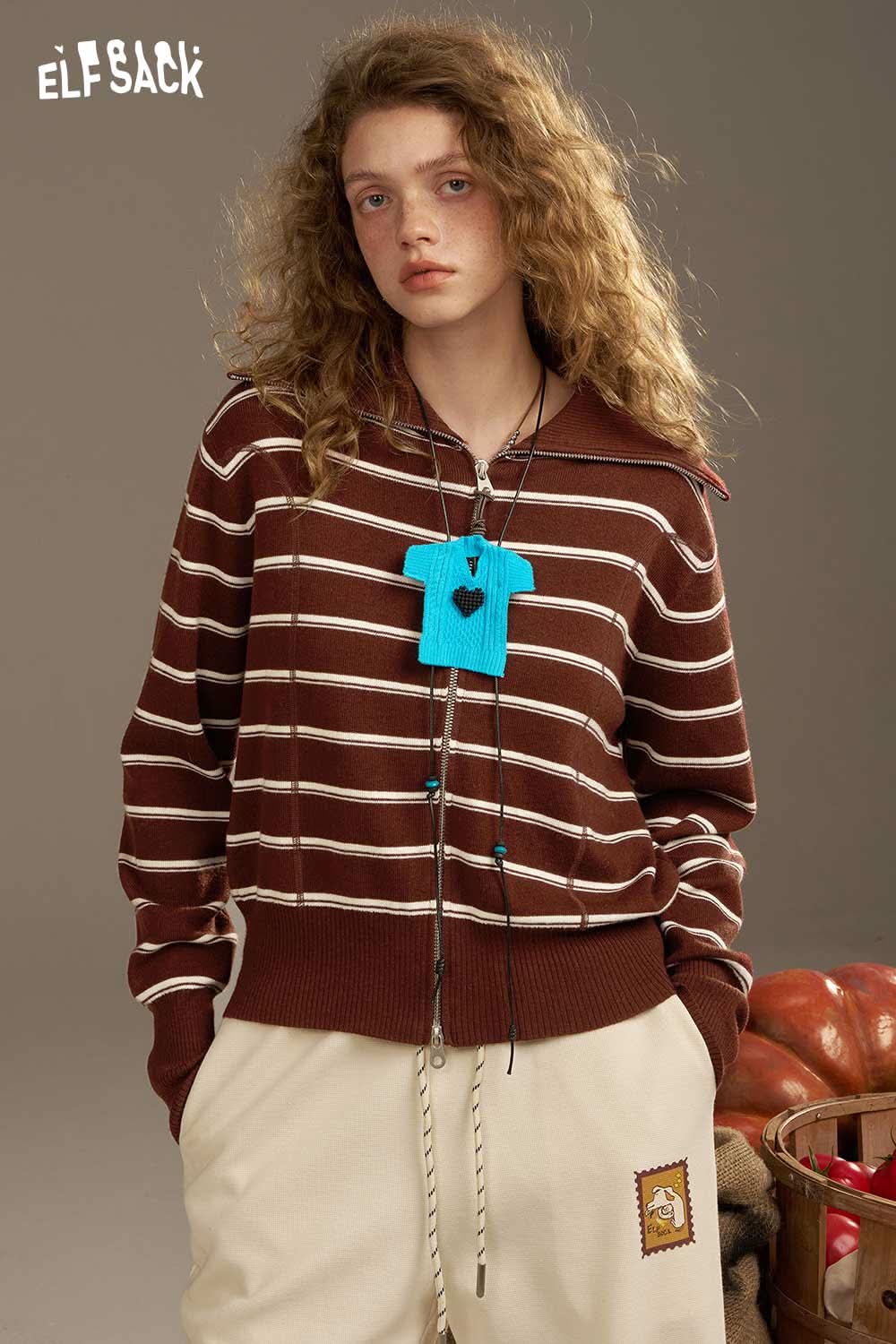 ELFSACK navy collar striped knitted cardigan with a relaxed fit and trendy design