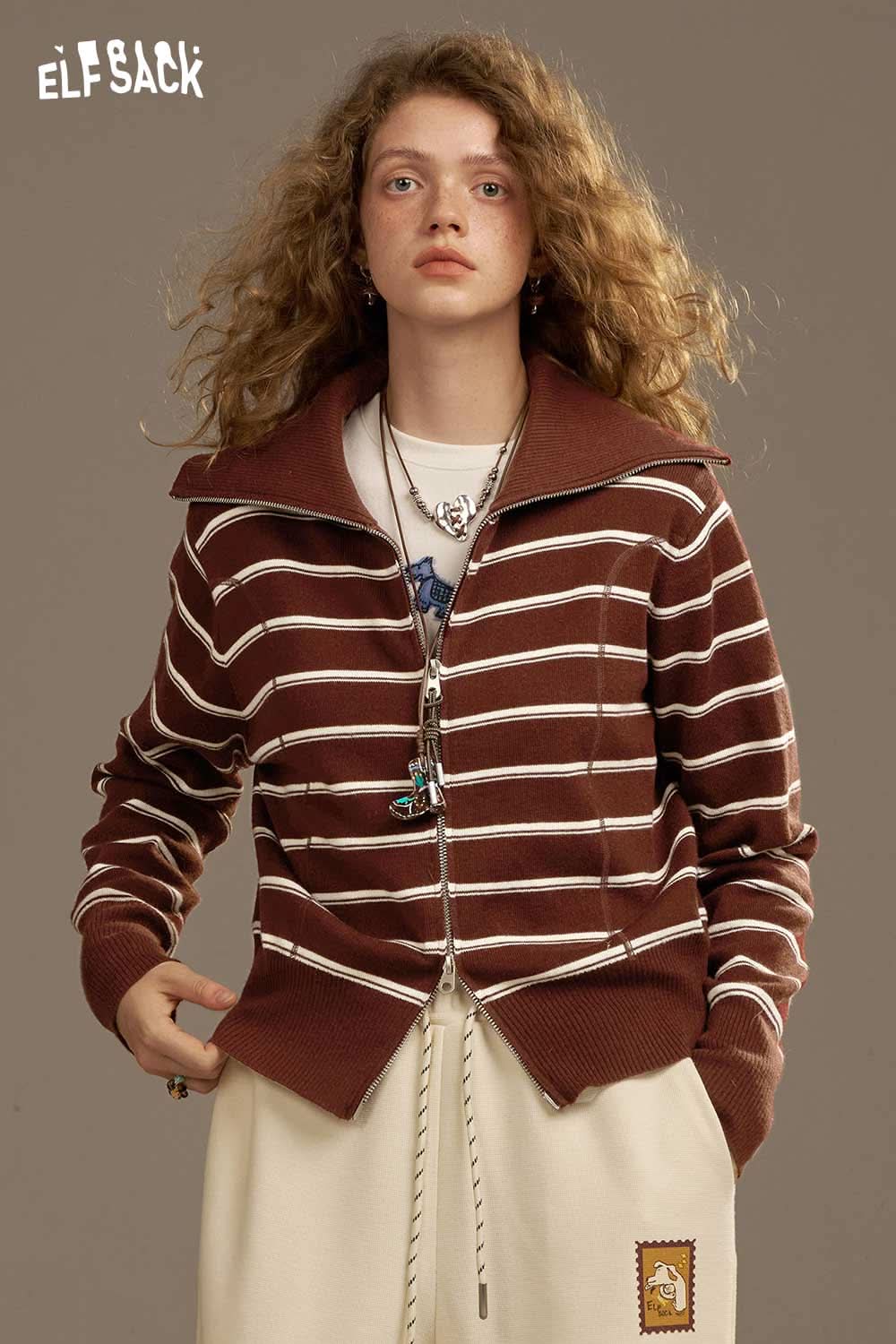 ELFSACK navy collar striped knitted cardigan in brown with white stripes and a stylish zip closure