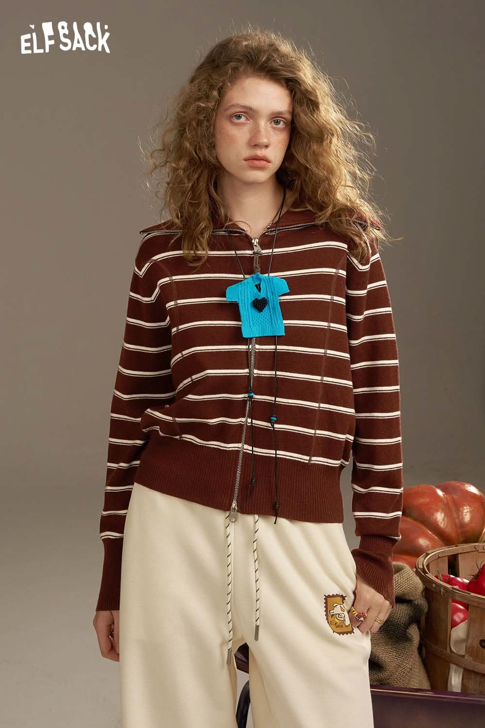 ELFSACK navy collar striped knitted cardigan featuring a zip-up front and ribbed cuffs