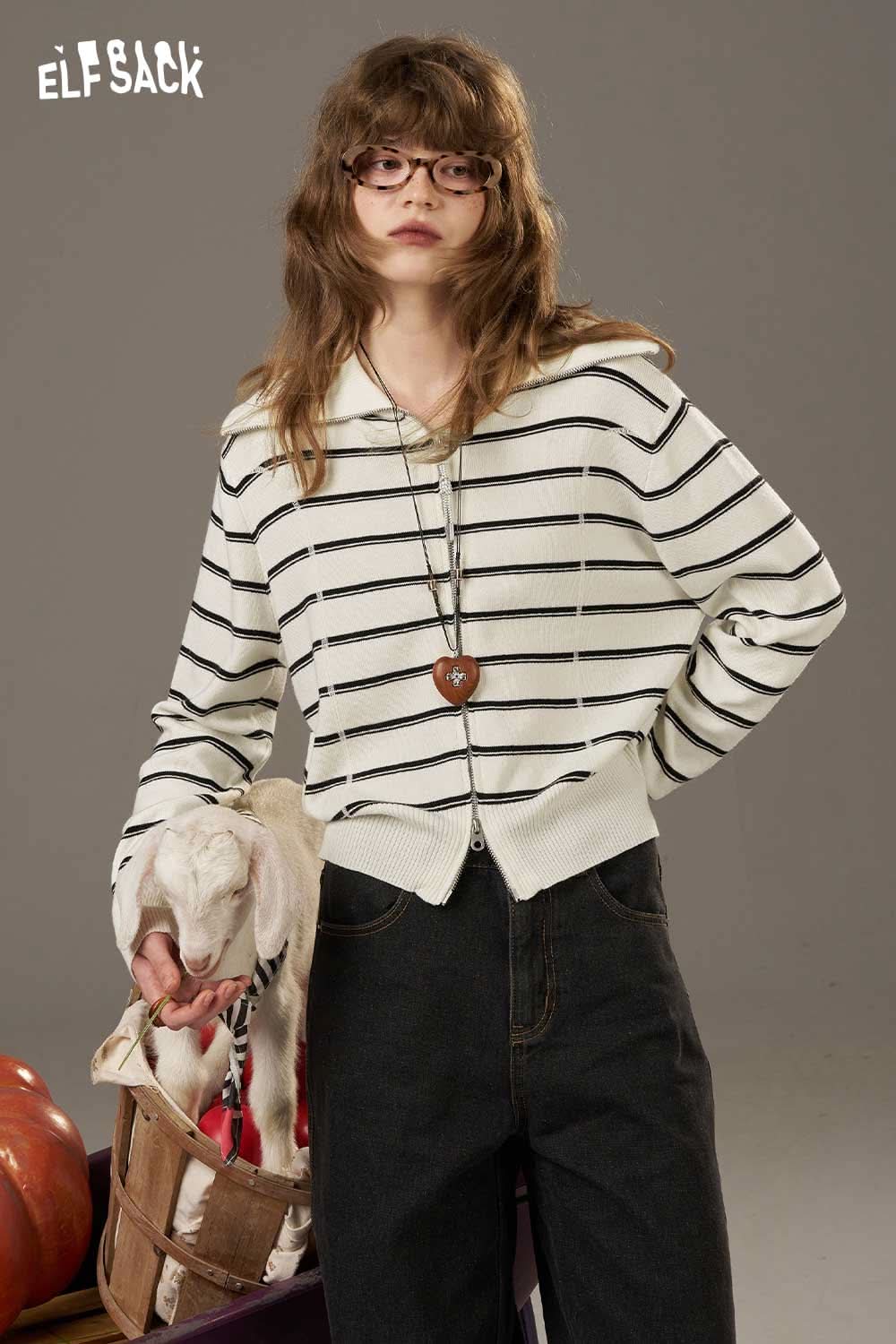 ELFSACK navy collar striped knitted cardigan with a button-down front and long sleeves