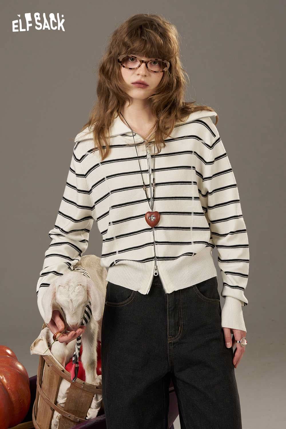 ELFSACK navy collar striped knitted cardigan with casual style and front zip closure