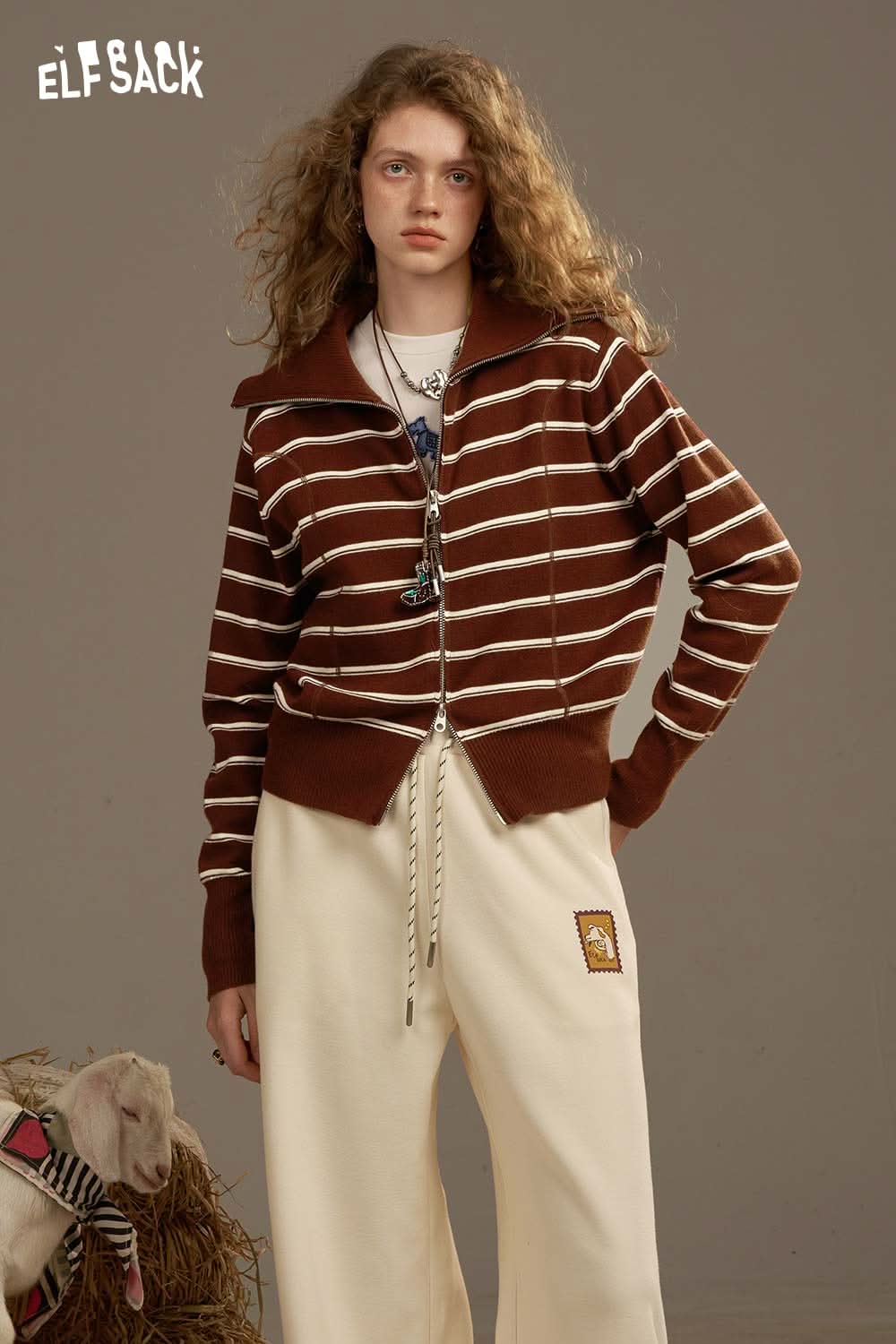 ELFSACK navy collar striped knitted cardigan featuring a stylish zip-up design and relaxed fit