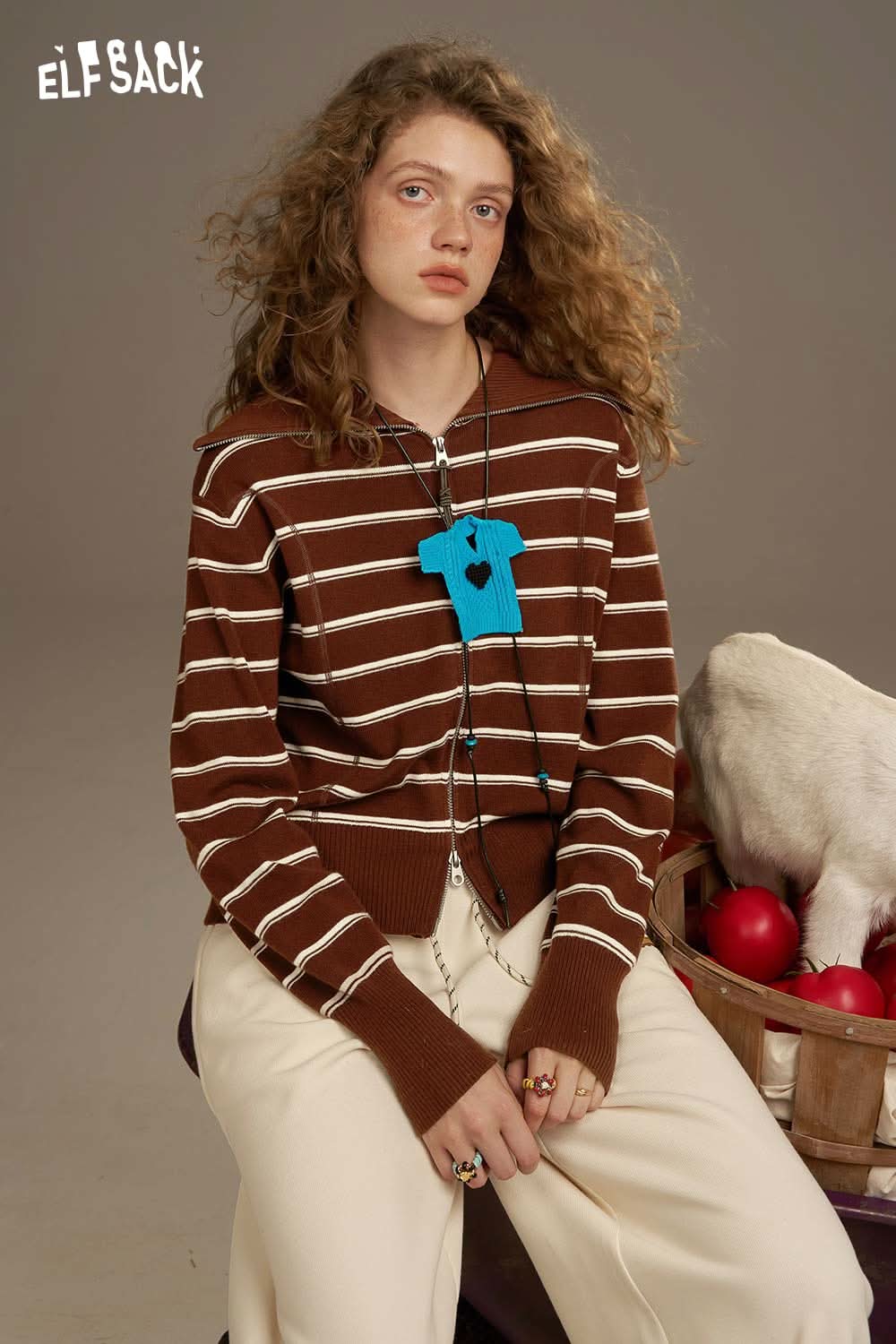 ELFSACK navy collar striped knitted cardigan featuring a relaxed fit and button closure.