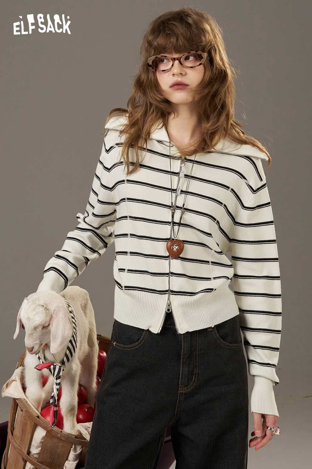 ELFSACK navy collar striped knitted cardigan with button closure and relaxed fit for casual style