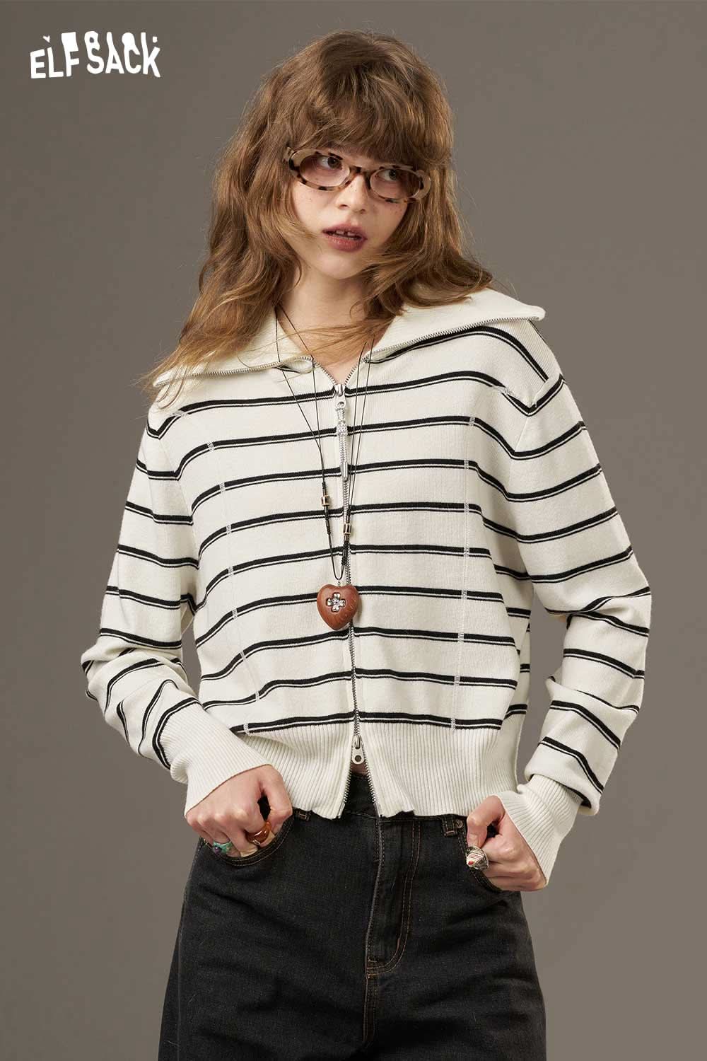 ELFSACK navy collar striped knitted cardigan featuring a stylish design and comfortable fit