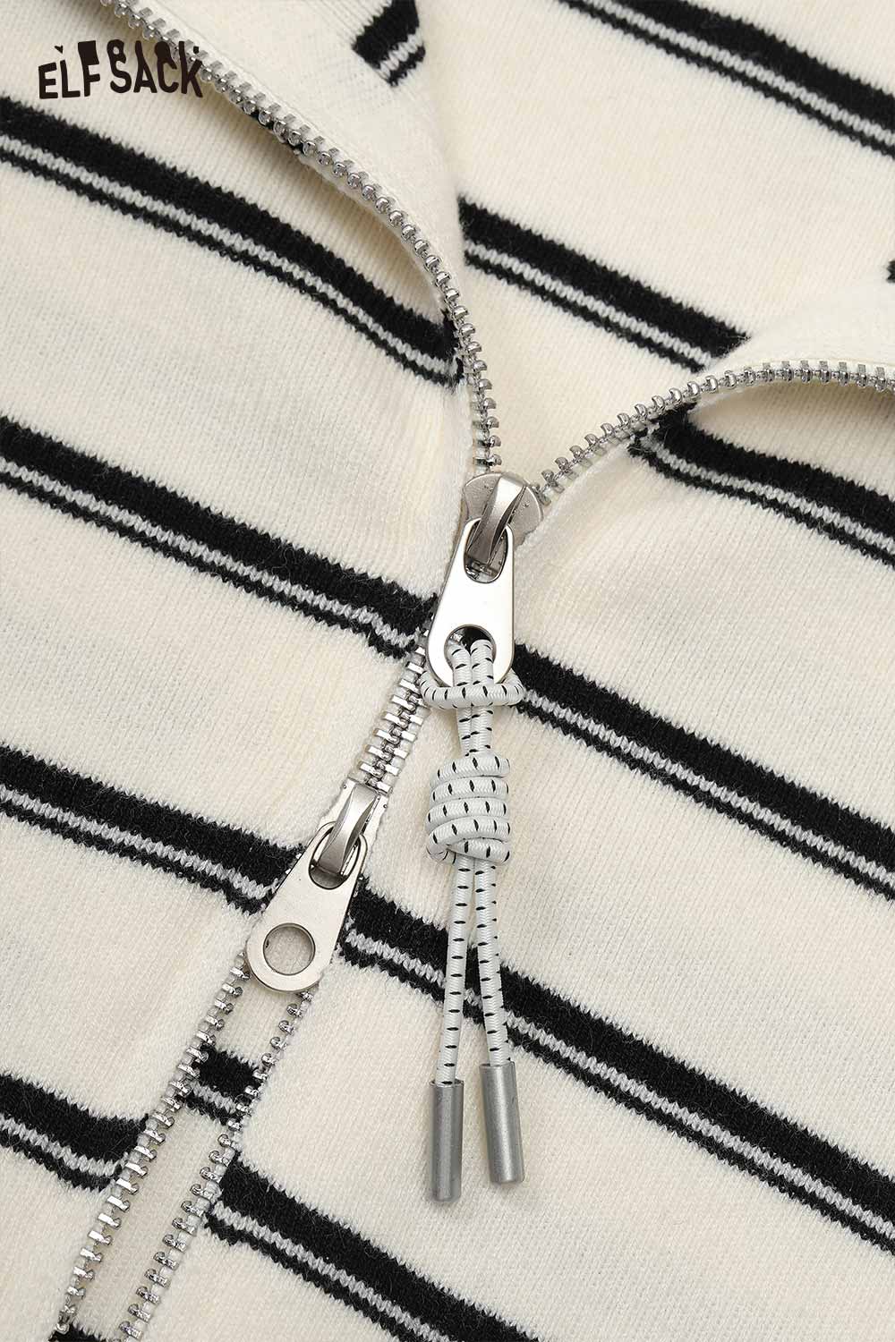 Close-up of navy collar striped knitted cardigan with zipper details from ELFSACK