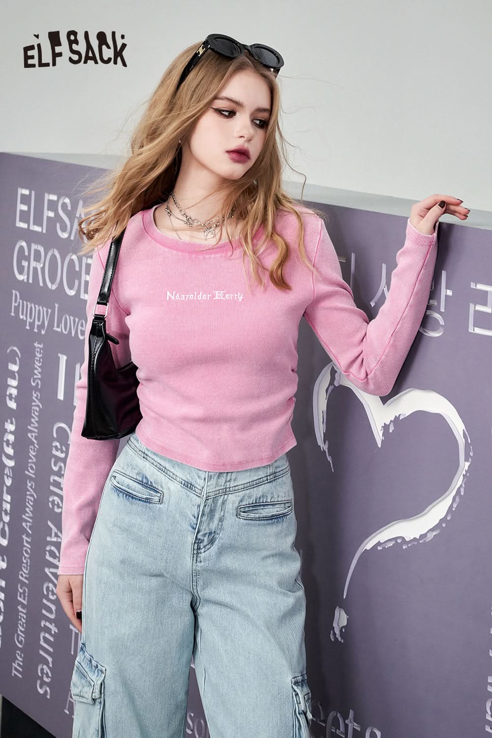 ELFSACK pink long sleeve T-shirt with Alphabet Embroidered text worn with light blue jeans