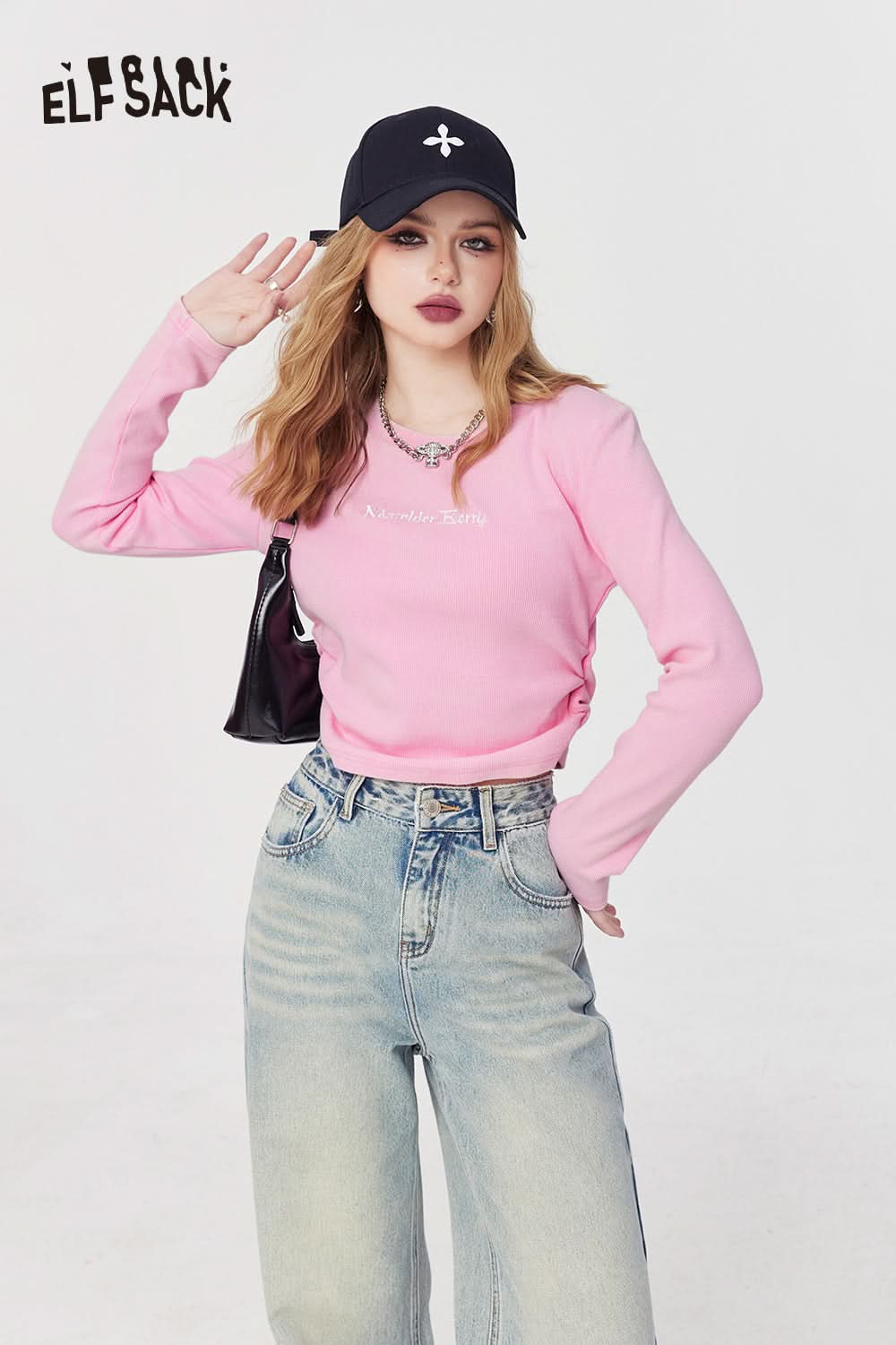 ELFSACK pink long sleeve T-shirt with Alphabet Embroidered text paired with light denim jeans