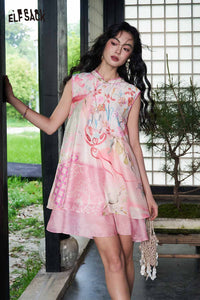 New Chinese Floral Print Chiffon Dress