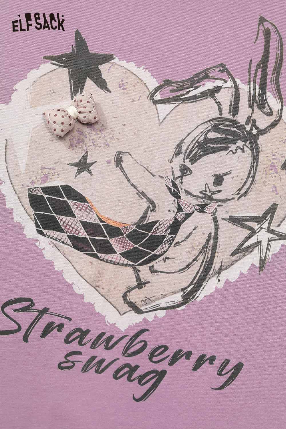 ELFSACK newsprint graphic drop shoulder tee in lavender featuring playful bunny design and heart print