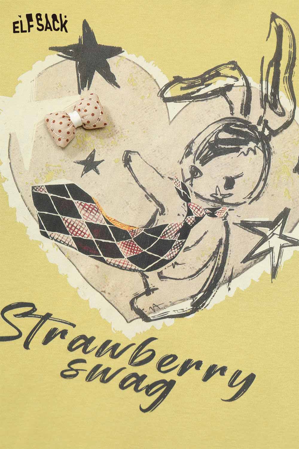 ELFSACK newsprint graphic drop shoulder tee in yellow featuring a cute bunny illustration