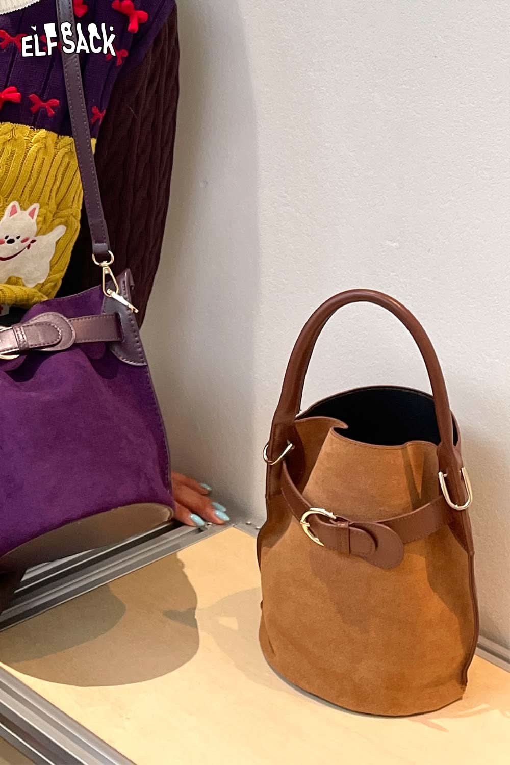 ELFSACK nubuck leather crossbody bag in brown with a stylish buckle design for everyday use