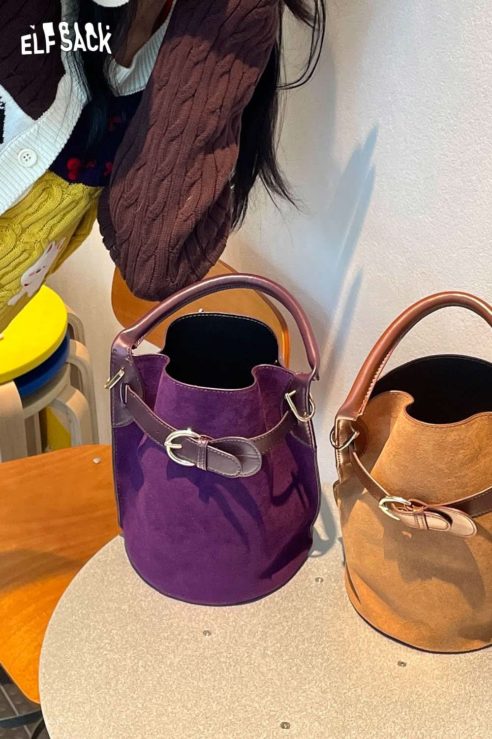 ELFSACK nubuck leather crossbody bag in purple and brown for stylish everyday use
