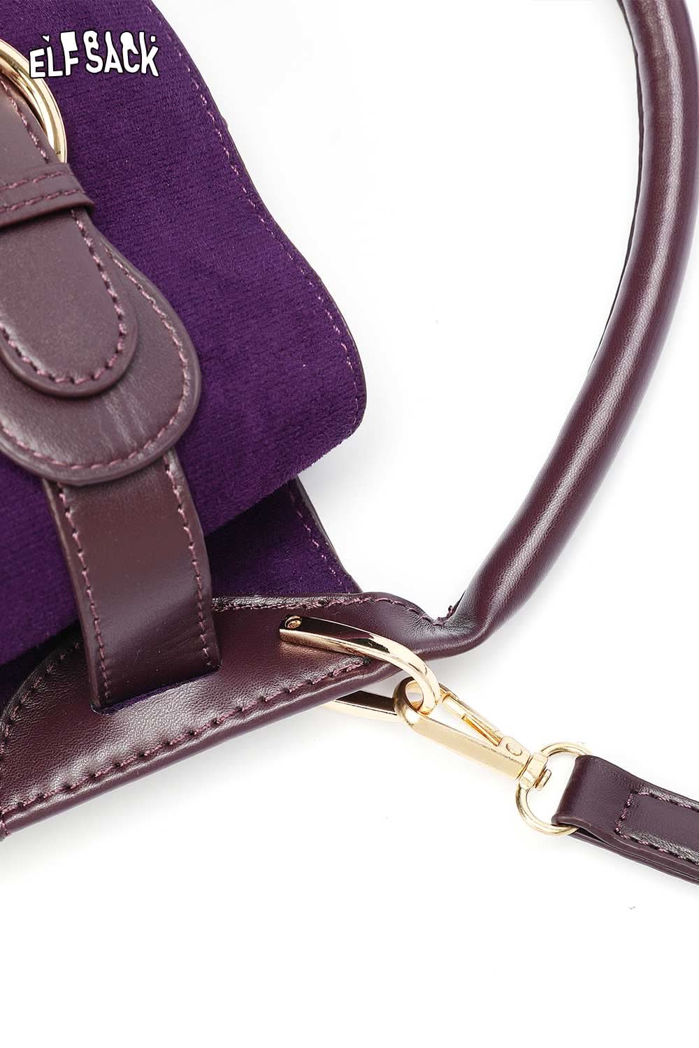 ELFSACK nubuck leather crossbody bag in purple with gold hardware and adjustable strap