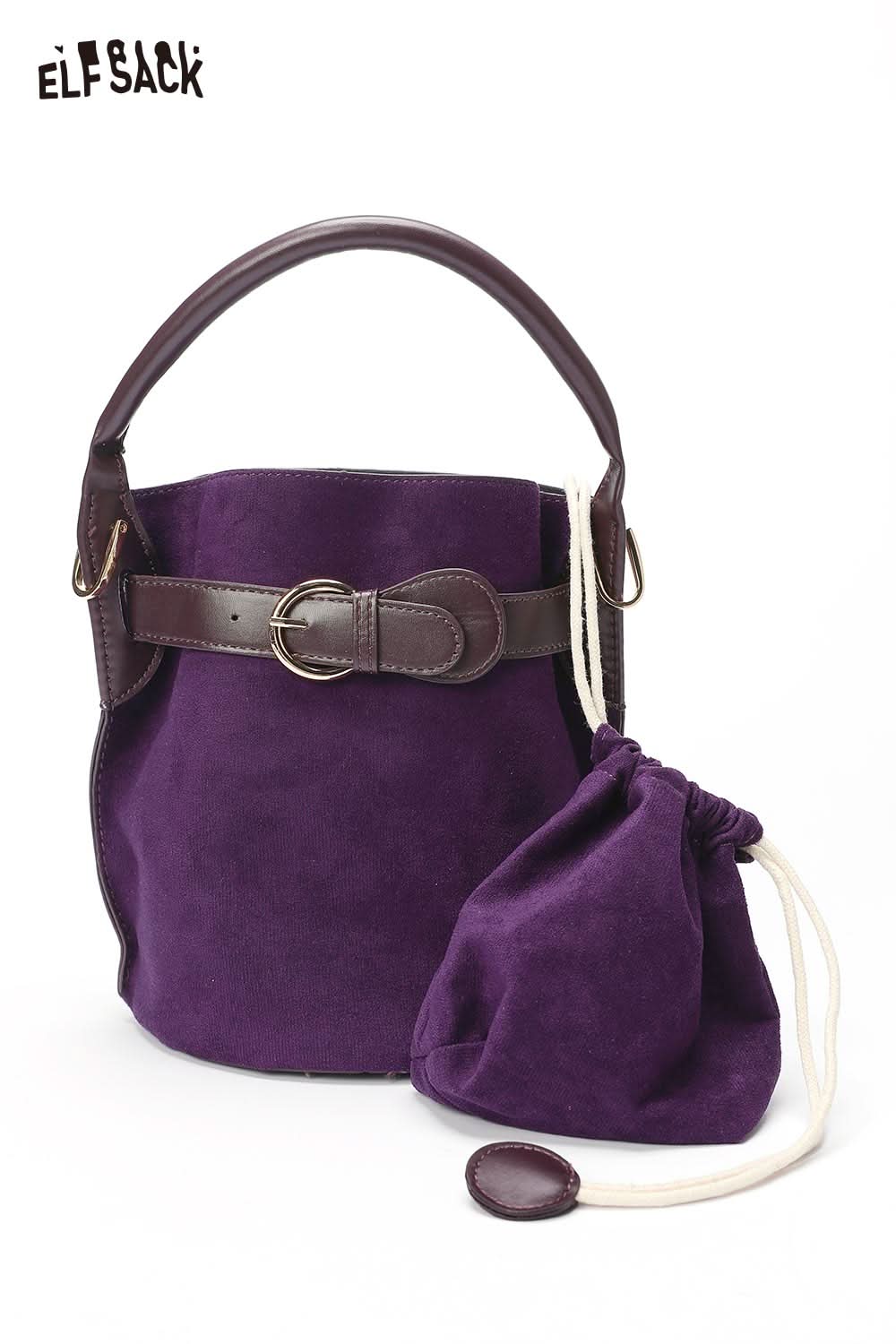 ELFSACK Purple Nubuck Leather Crossbody Bag with Adjustable Strap and Drawstring Pouch