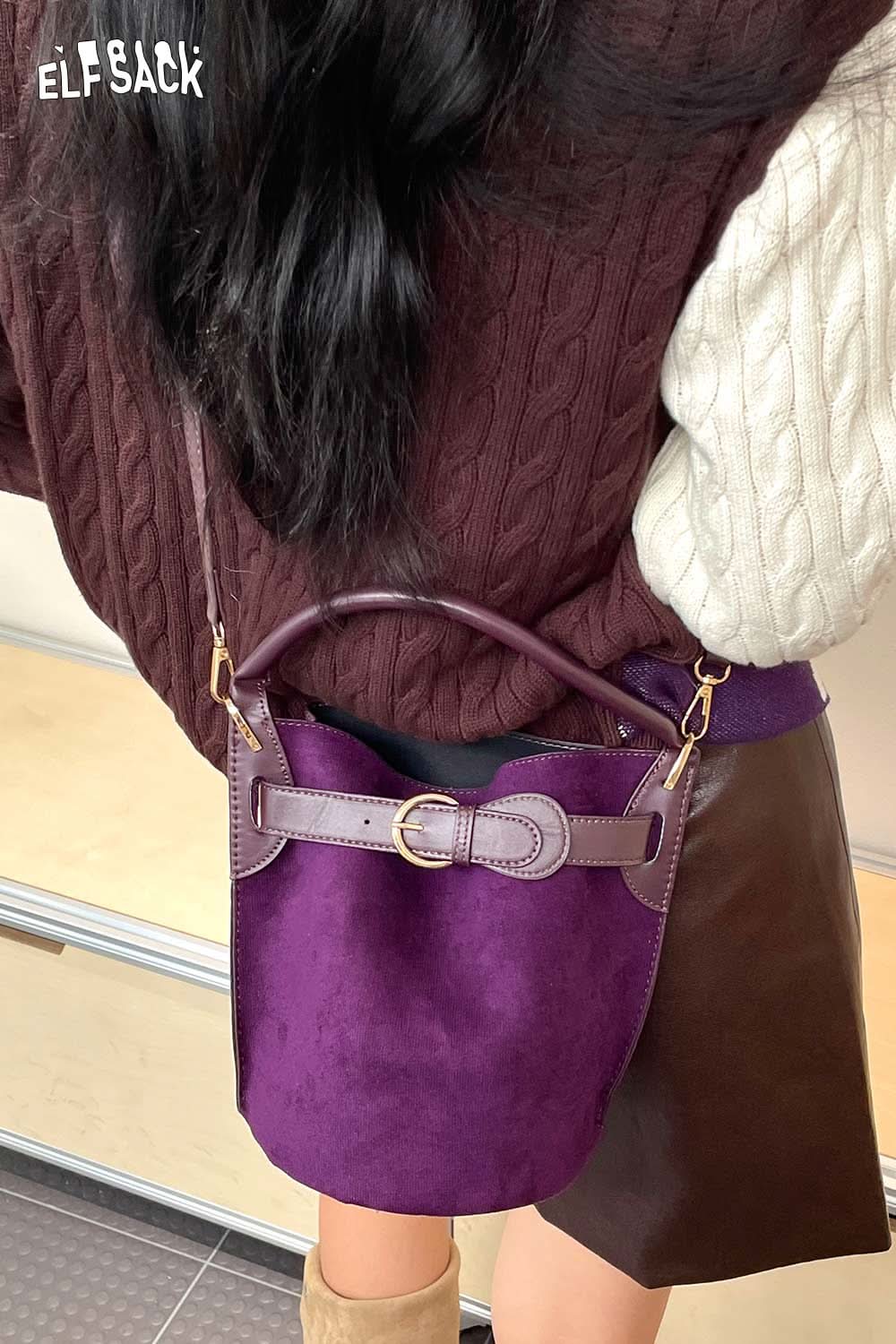 ELFSACK nubuck leather crossbody bag in purple with a stylish design and adjustable strap for everyday use