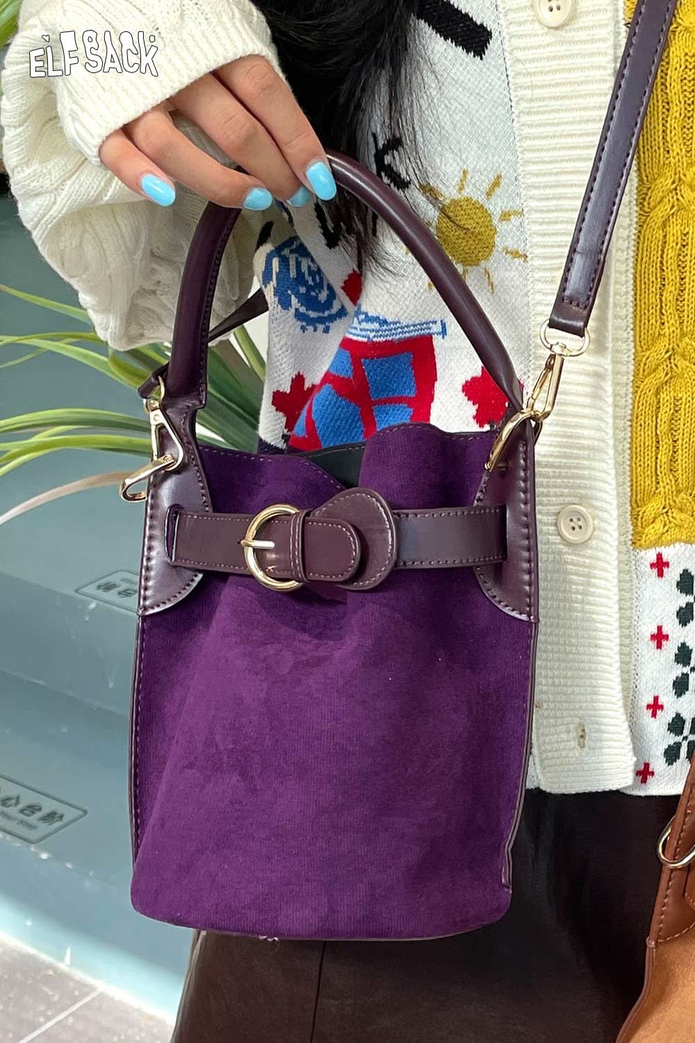 ELFSACK nubuck leather crossbody bag in purple with a stylish buckle and leather accents