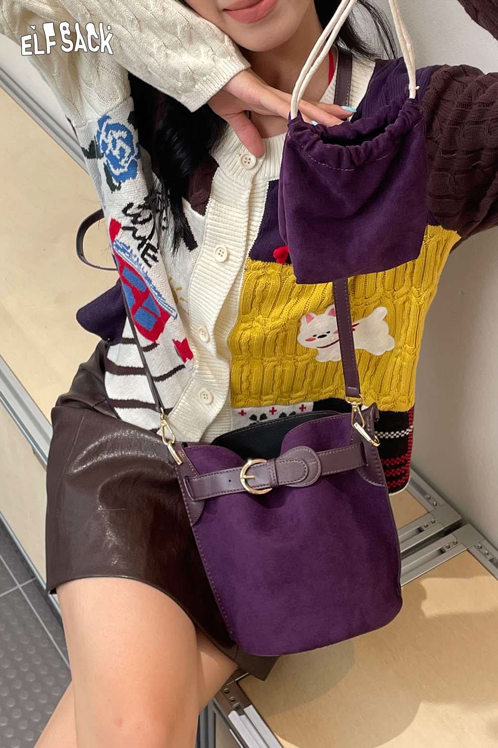 Stylish ELFSACK nubuck leather crossbody bag in purple with adjustable strap and drawstring pouch