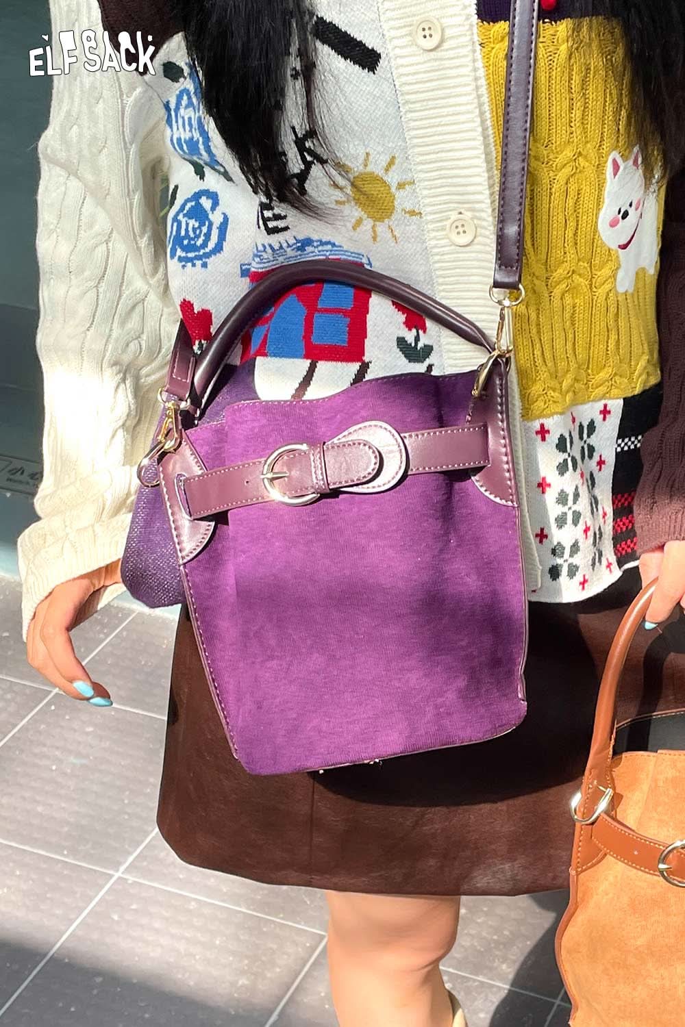 ELFSACK purple nubuck leather crossbody bag with a stylish buckle design and adjustable strap