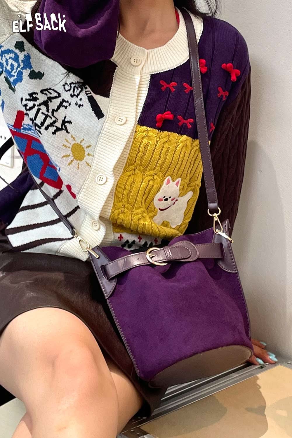 ELFSACK stylish nubuck leather crossbody bag in purple, perfect for daily outfits and casual outings