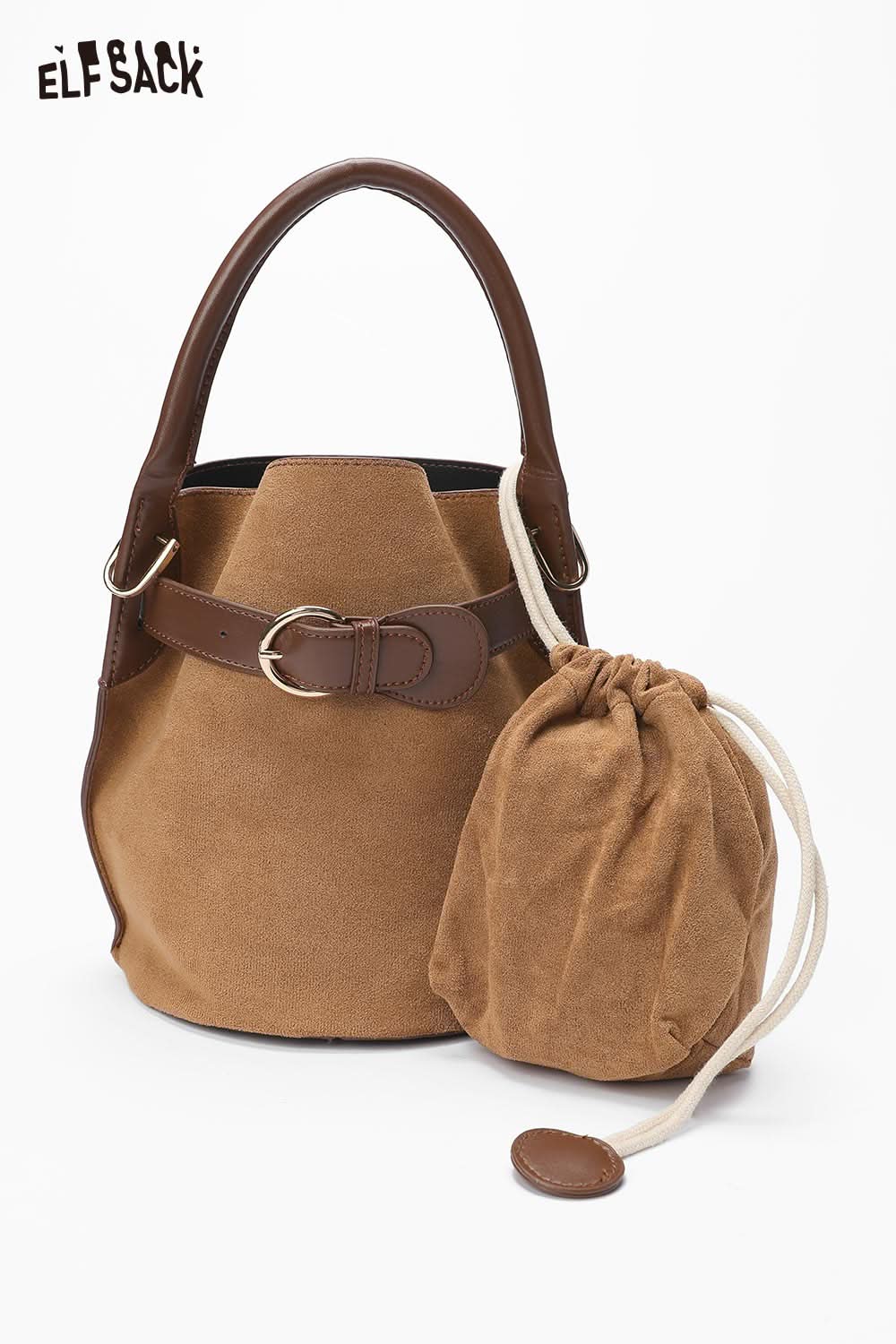 ELFSACK nubuck leather crossbody bag with a stylish design and a detachable pouch for versatile use