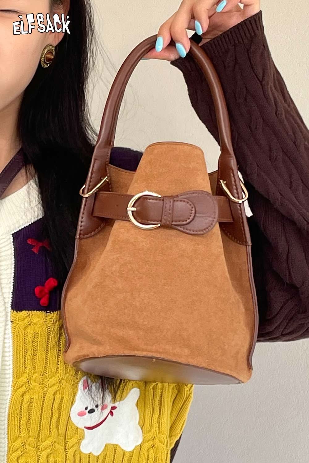 ELFSACK nubuck leather crossbody bag with stylish bow detail and top handles