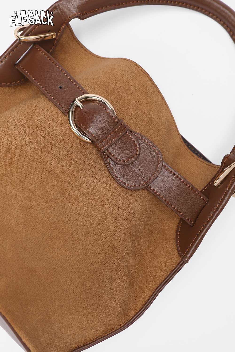ELFSACK nubuck leather crossbody bag in brown with stylish hardware and adjustable strap