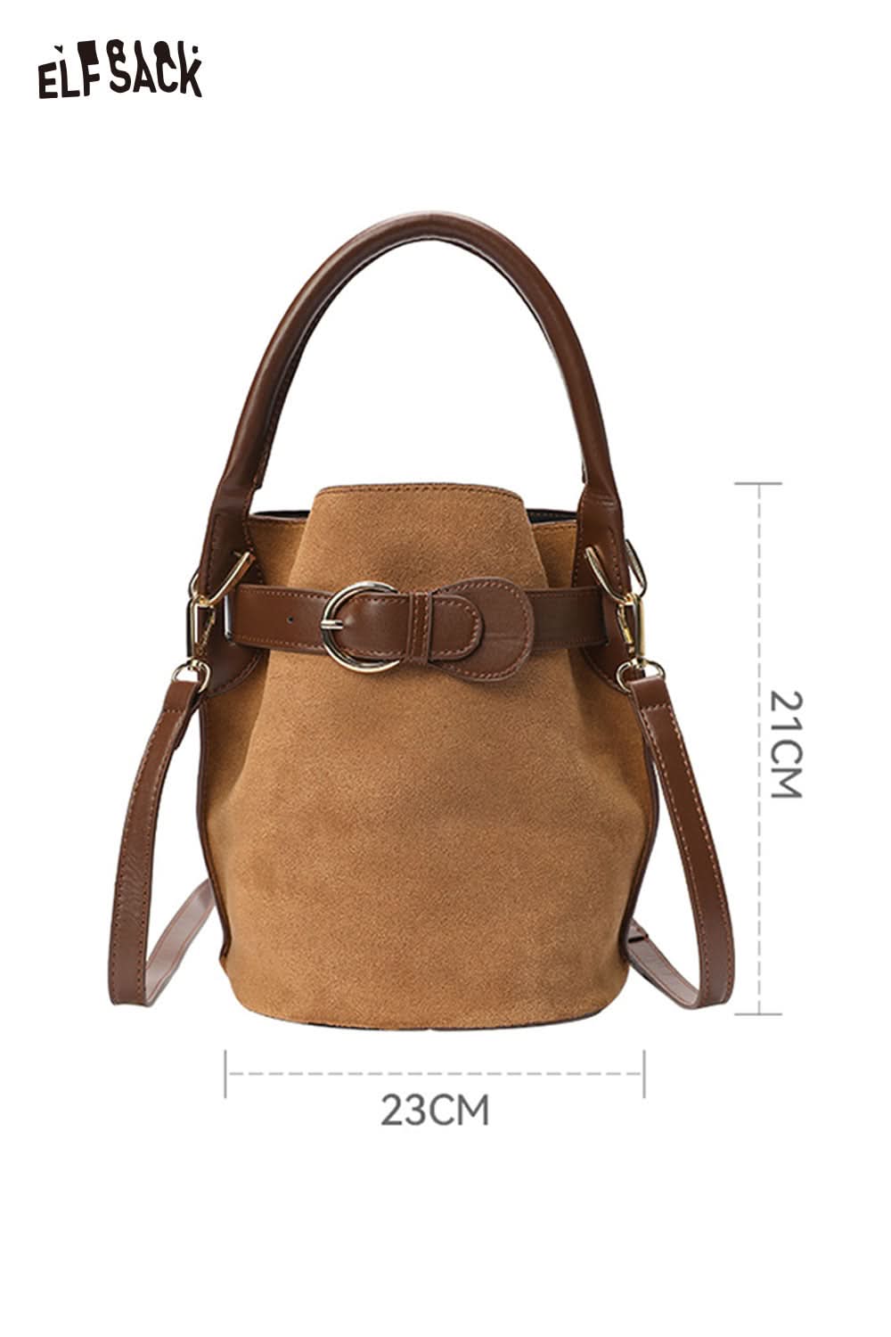 ELFSACK nubuck leather crossbody bag in brown with a stylish design and adjustable strap
