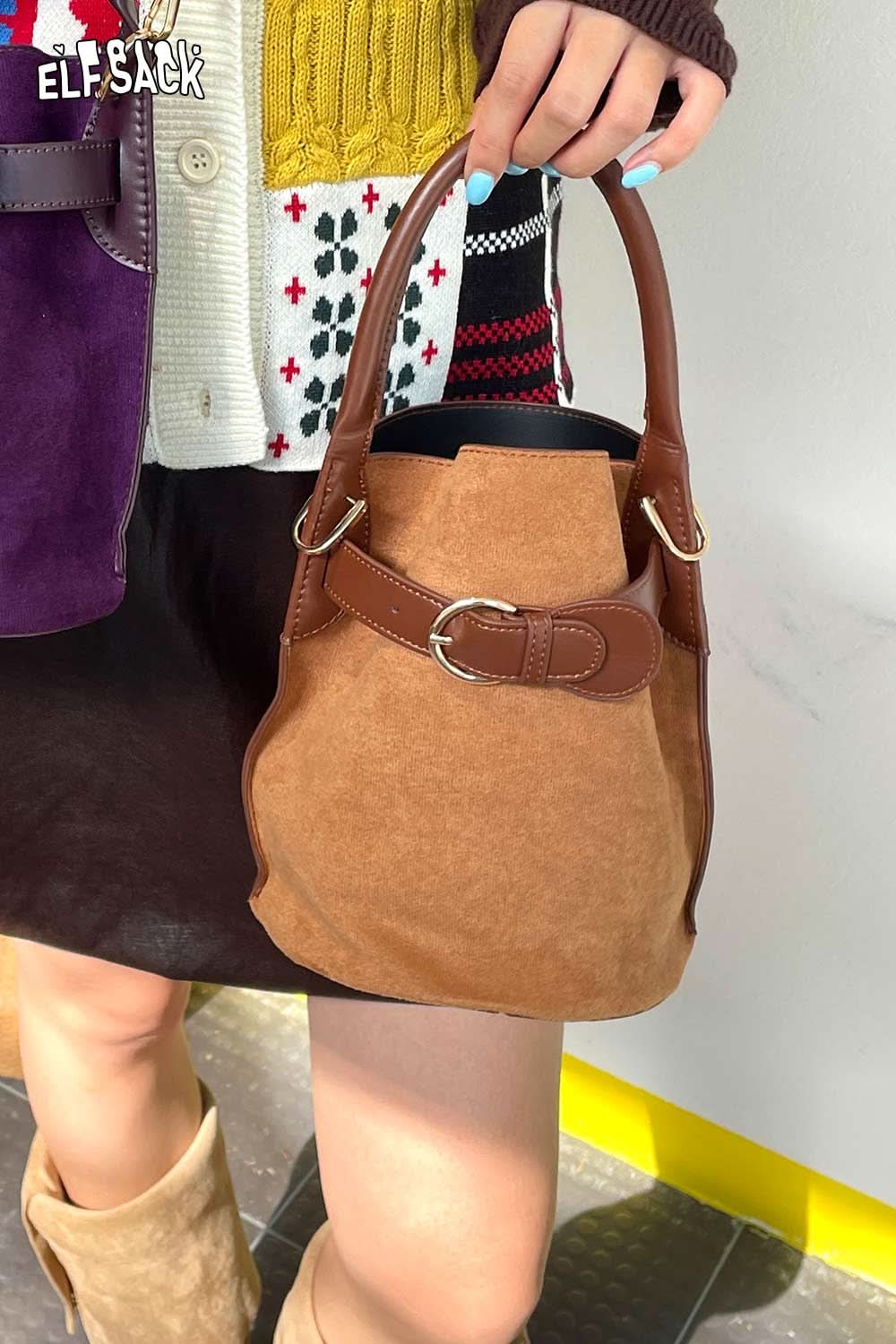 ELFSACK nubuck leather crossbody bag in brown with chic buckle detailing, perfect for everyday use