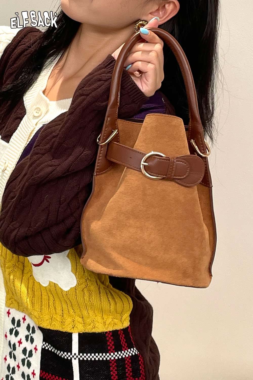 ELFSACK nubuck leather crossbody bag in brown with stylish design for everyday use