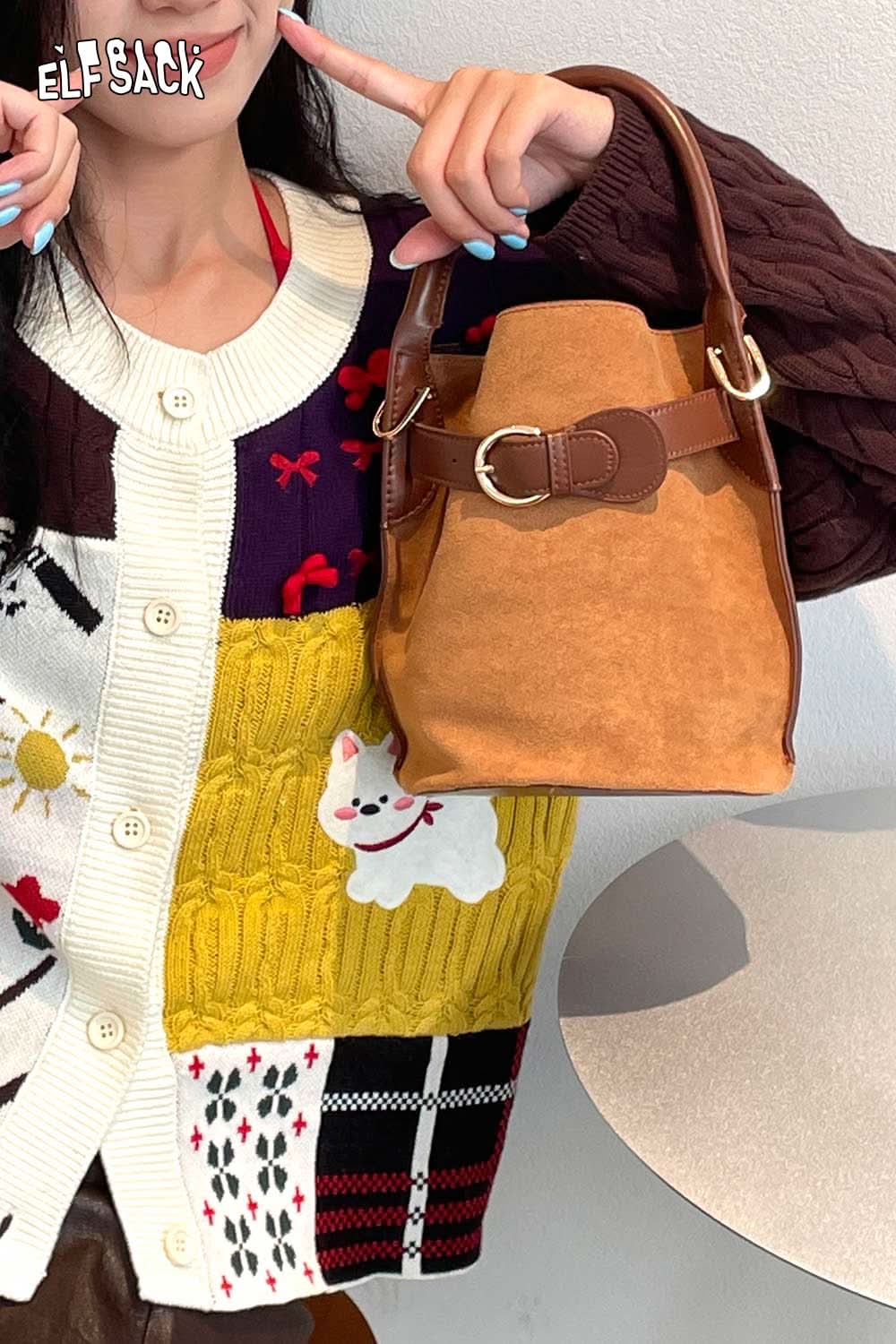 ELFSACK nubuck leather crossbody bag in tan with a stylish buckle detail, perfect for everyday use