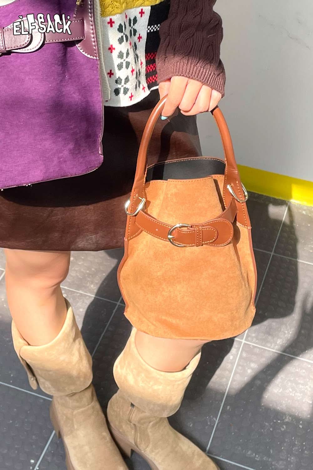 ELFSACK nubuck leather crossbody bag in tan with stylish buckle detail for trendy outfits