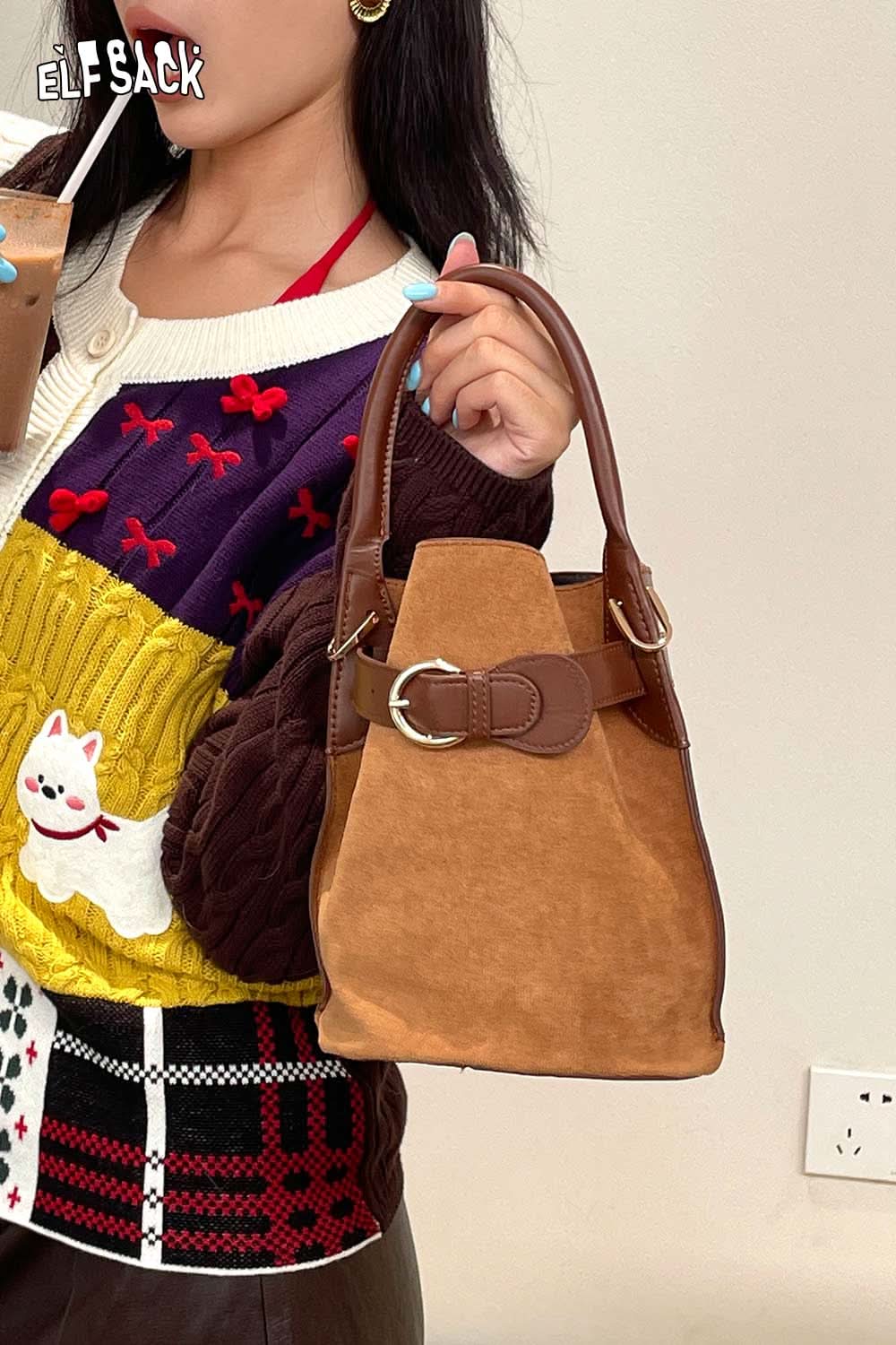 ELFSACK nubuck leather crossbody bag in brown with a stylish buckle design, perfect for casual outings.