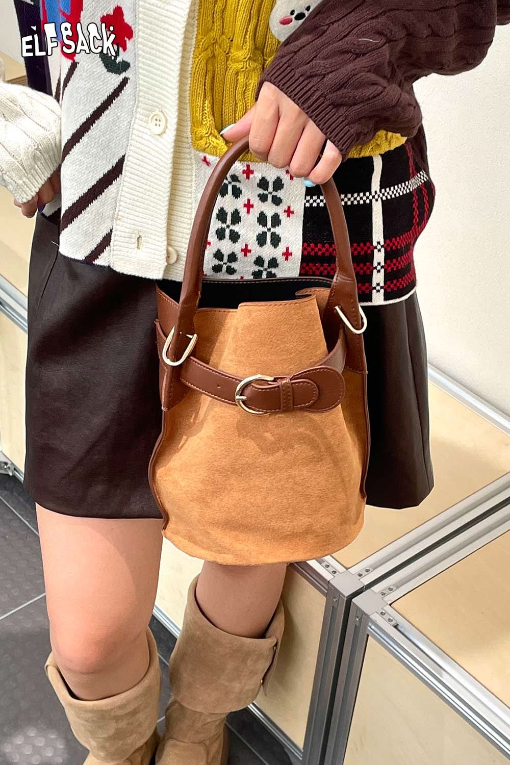 ELFSACK nubuck leather crossbody bag in brown with a stylish design for everyday use