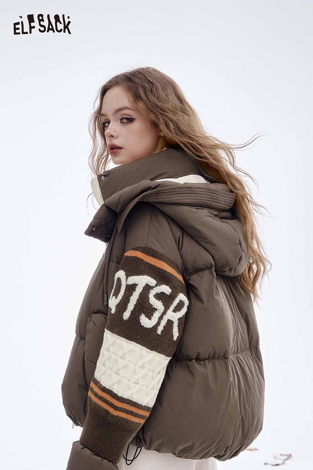 ELFSACK nylon collar down jacket for women featuring a stylish design and cozy fit