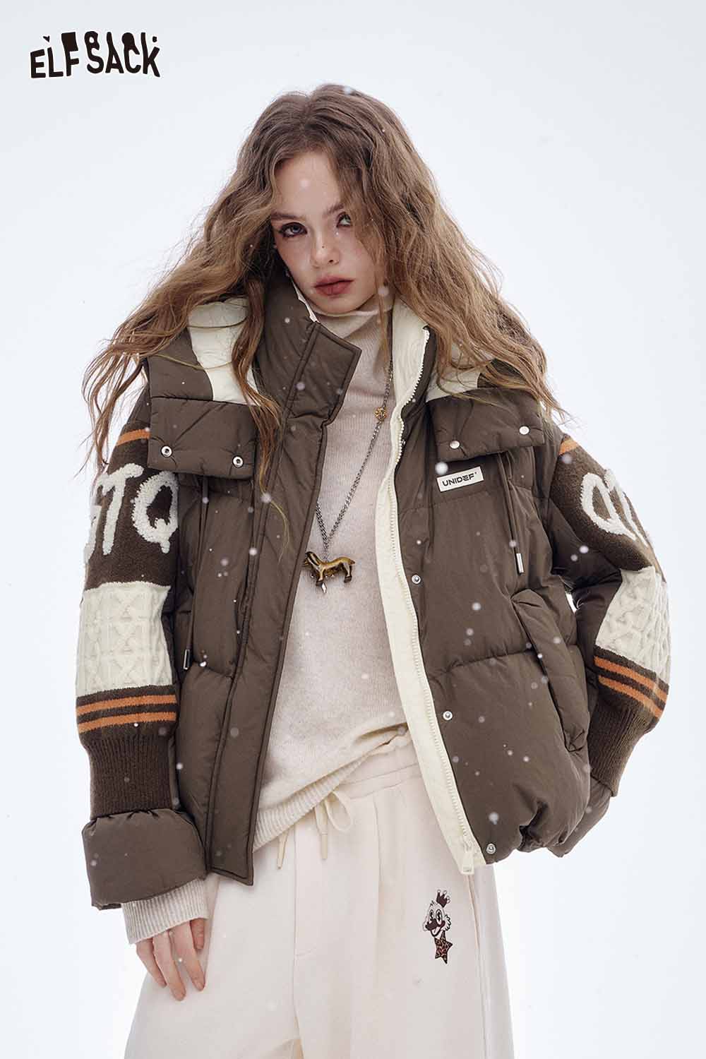 ELFSACK nylon collar down jacket for women in brown with stylish details and cozy design