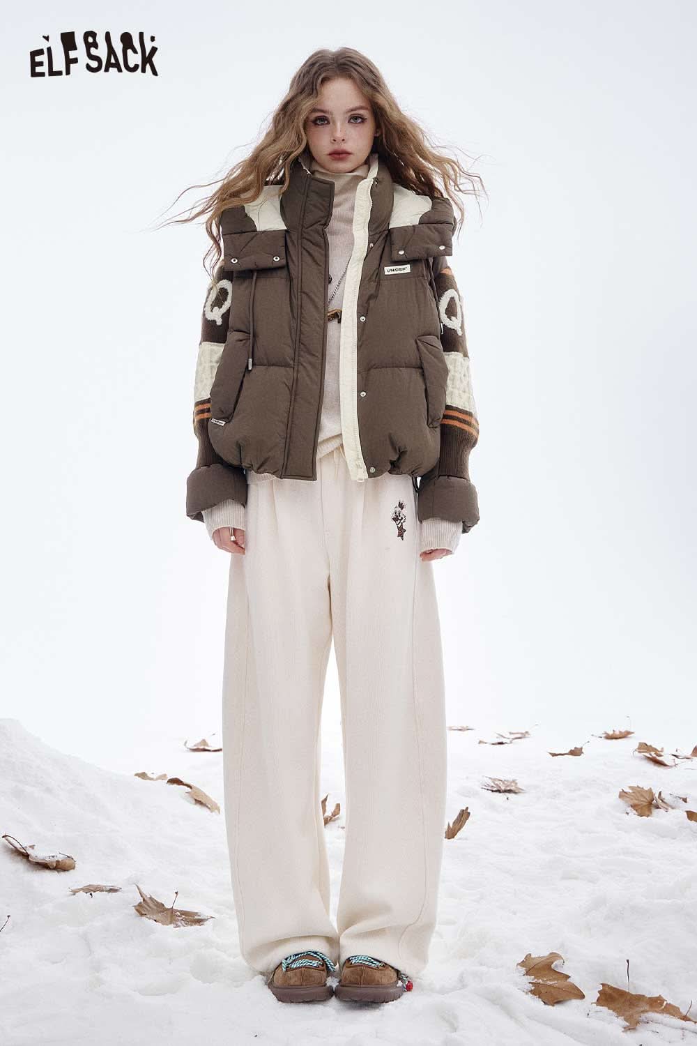 ELFSACK nylon collar down jacket for women in brown with cozy fleece lining and stylish design