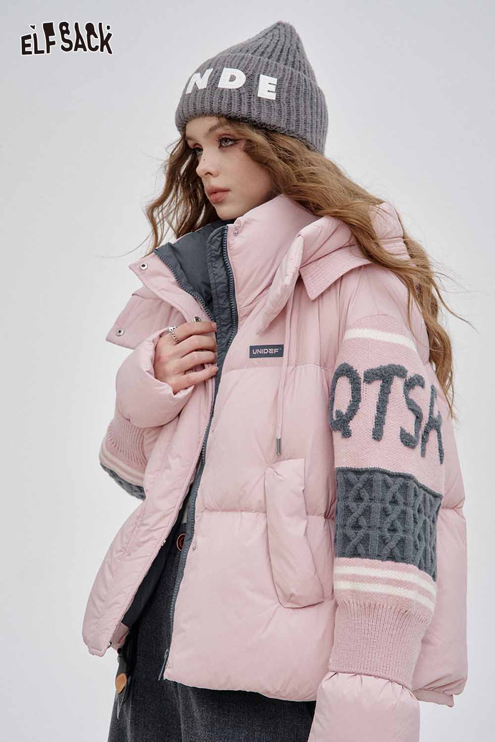 ELFSACK nylon collar down jacket for women in pink with cozy oversized design and trendy details