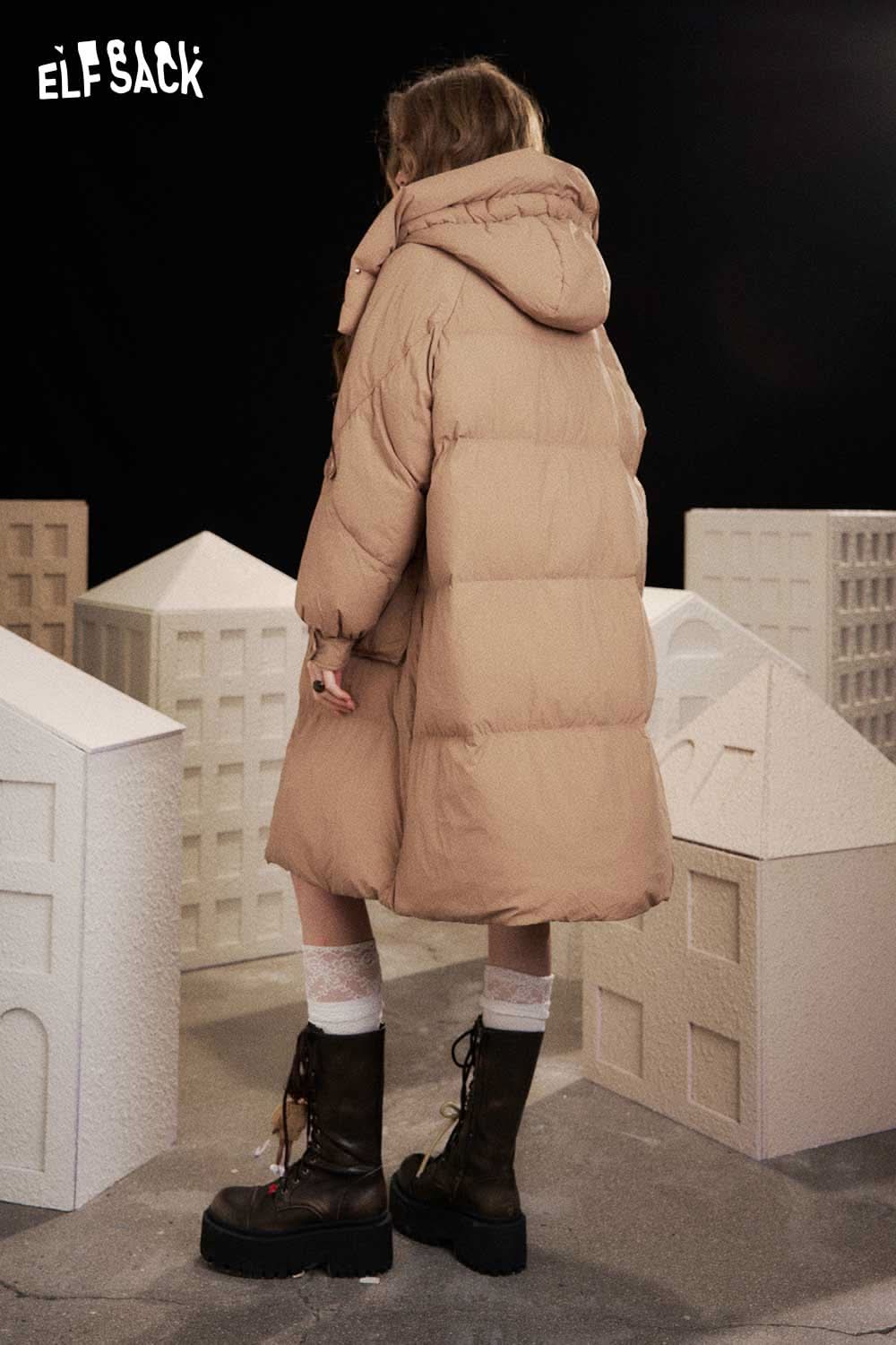 ELFSACK nylon long hooded down coat in beige, perfect for stylish warmth in cold weather