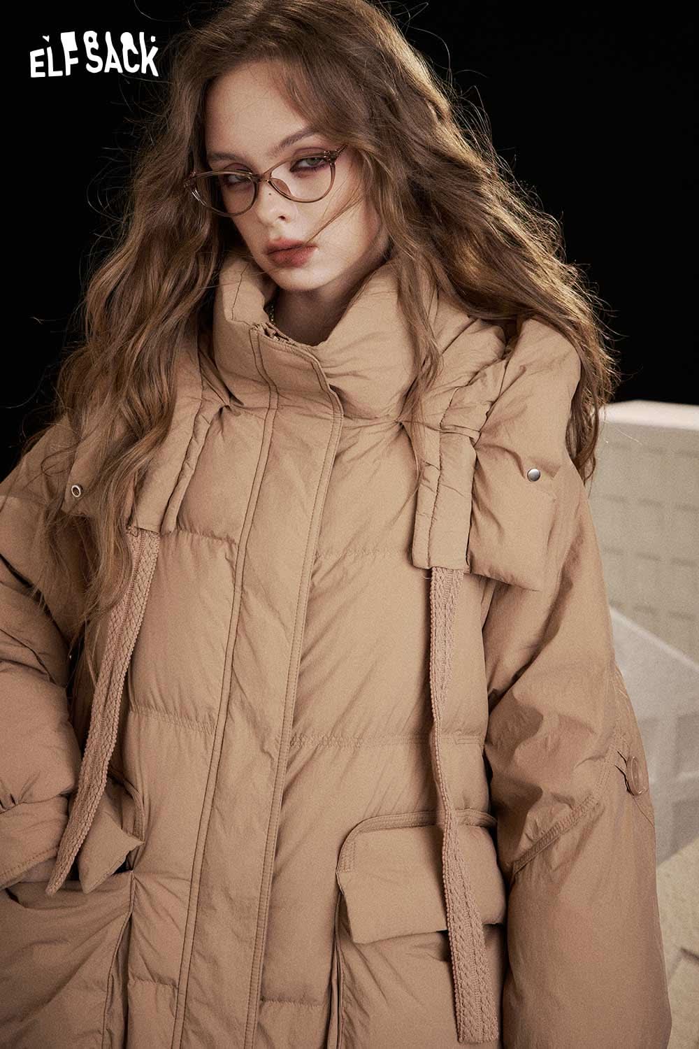 ELFSACK nylon long hooded down coat in beige with stylish oversized design and unique details