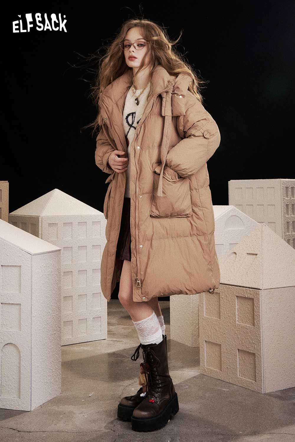 ELFSACK nylon long hooded down coat in beige with a stylish silhouette for winter wear