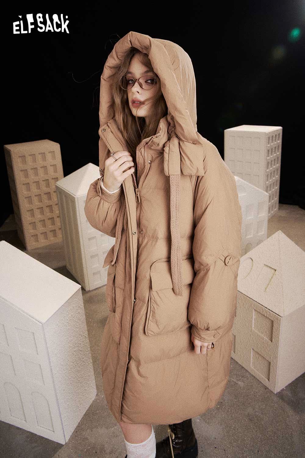 ELFSACK nylon long hooded down coat in beige for stylish warmth in winter