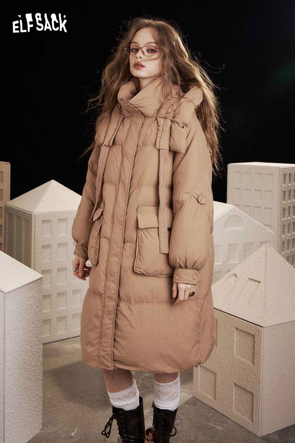 ELFSACK nylon long hooded down coat in beige with pockets and stylish design for winter warmth