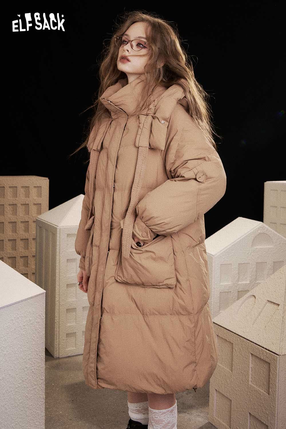 ELFSACK nylon long hooded down coat in beige with oversized pockets for winter warmth