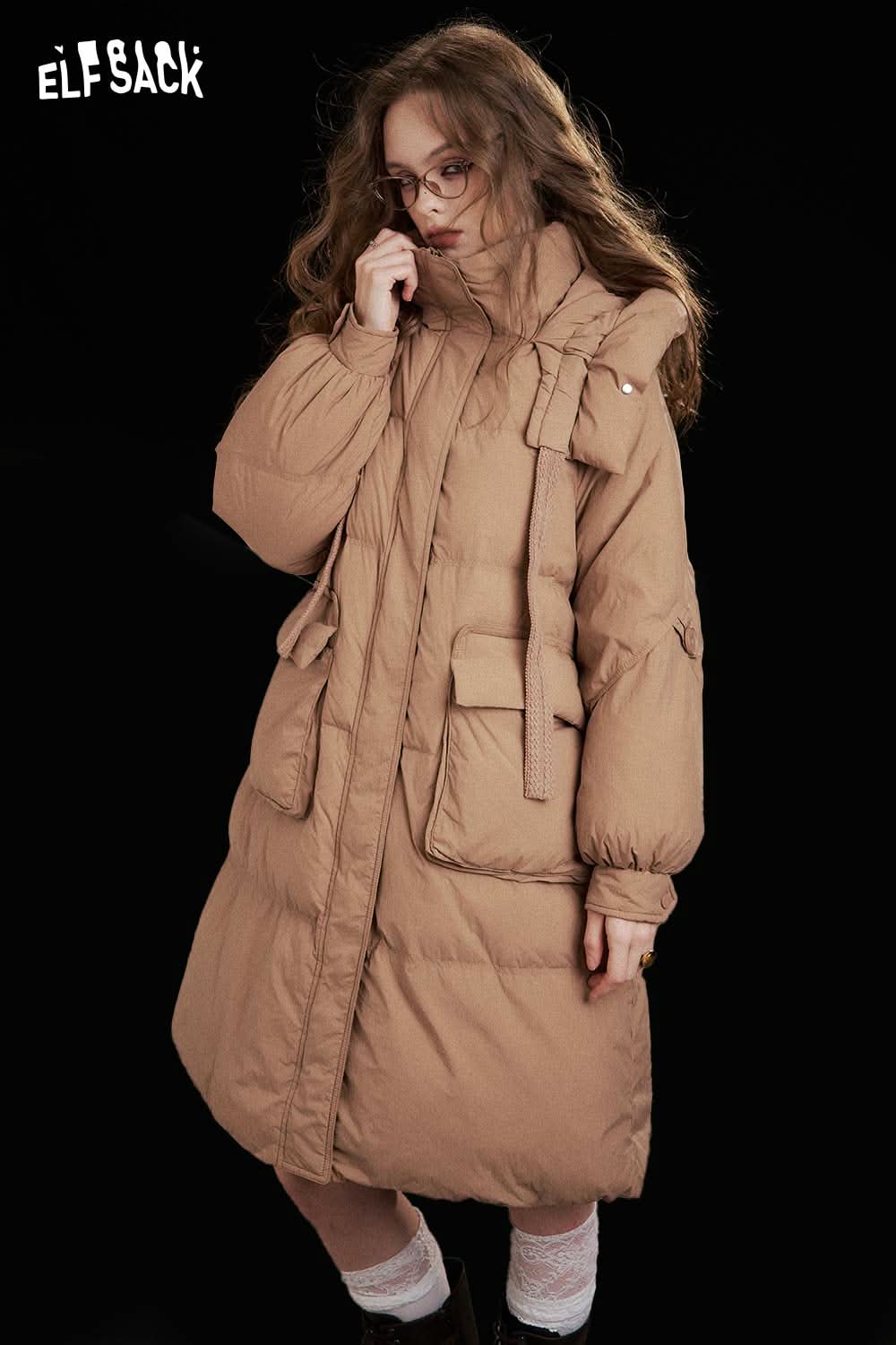 ELFSACK nylon long hooded down coat in beige with pockets and stylish design for winter fashion