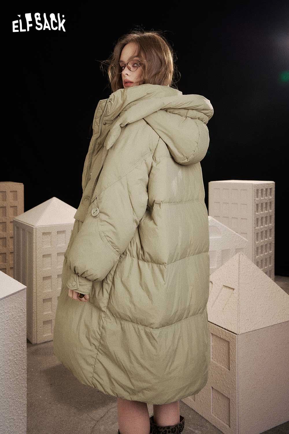 ELFSACK nylon long hooded down coat in light green with a cozy oversized fit and soft texture