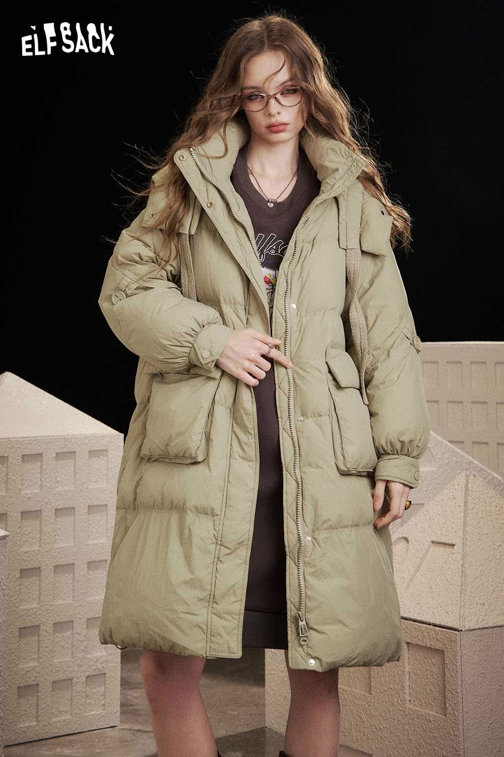 ELFSACK nylon long hooded down coat in beige with spacious pockets for stylish warmth