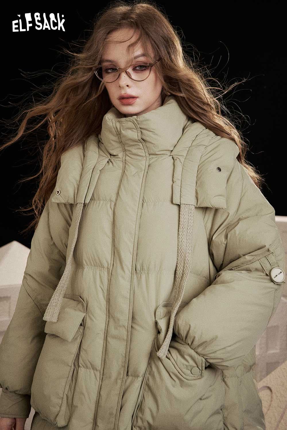 ELFSACK nylon long hooded down coat in light green, featuring a cozy oversized fit and stylish design.