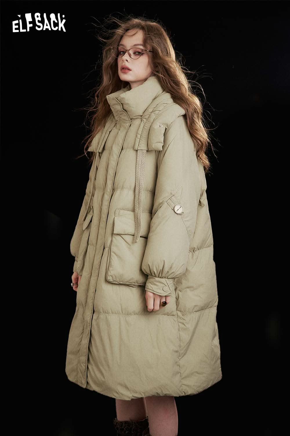 ELFSACK nylon long hooded down coat in light green, featuring oversized pockets and comfortable fit