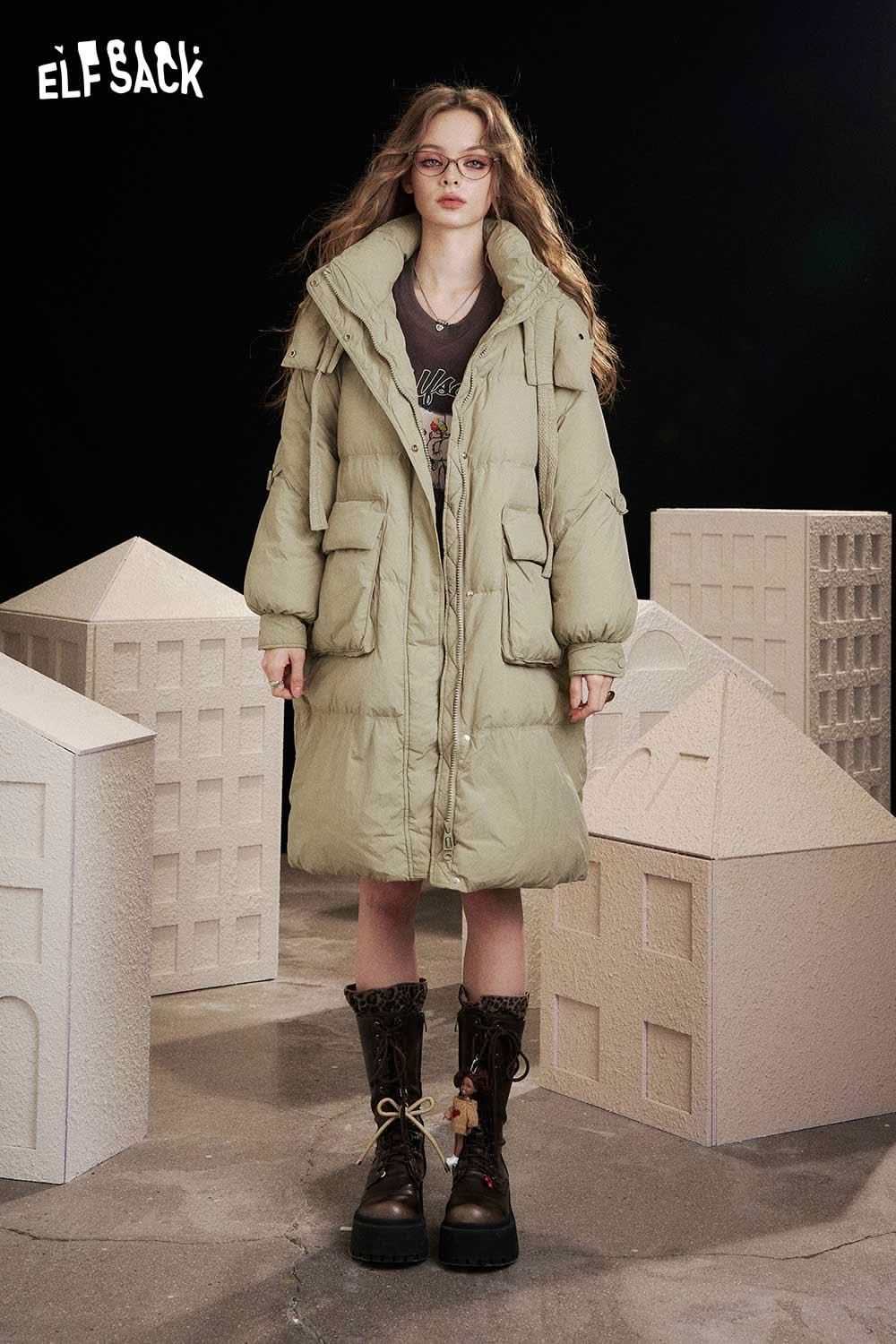 ELFSACK nylon long hooded down coat in light green with pockets for stylish winter warmth